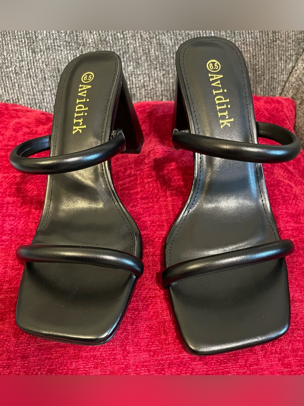 Black Double-Strap Square-Toe Heeled Sandals
